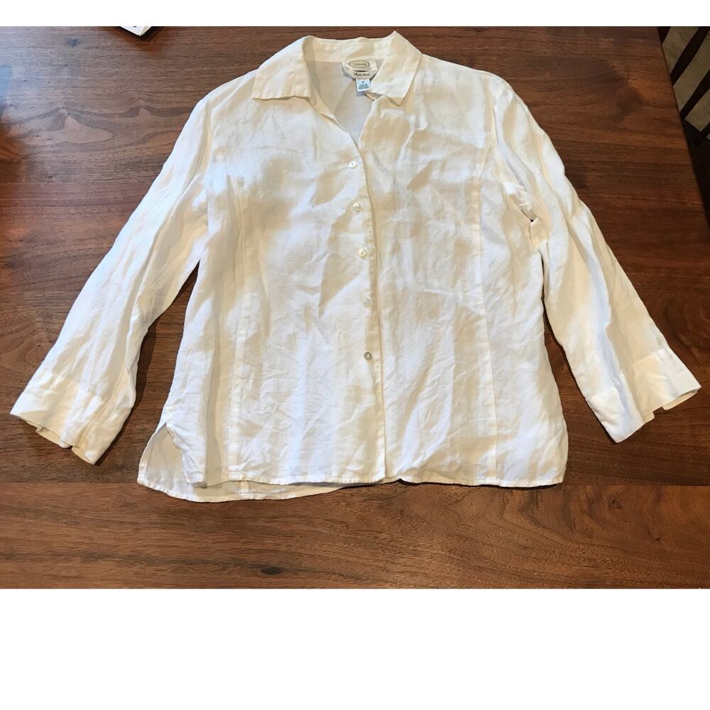 TALBOTS Women's SIZE 10 BUTTON DOWN Irish Linen Shirt WHITE 3/4 Sleeves